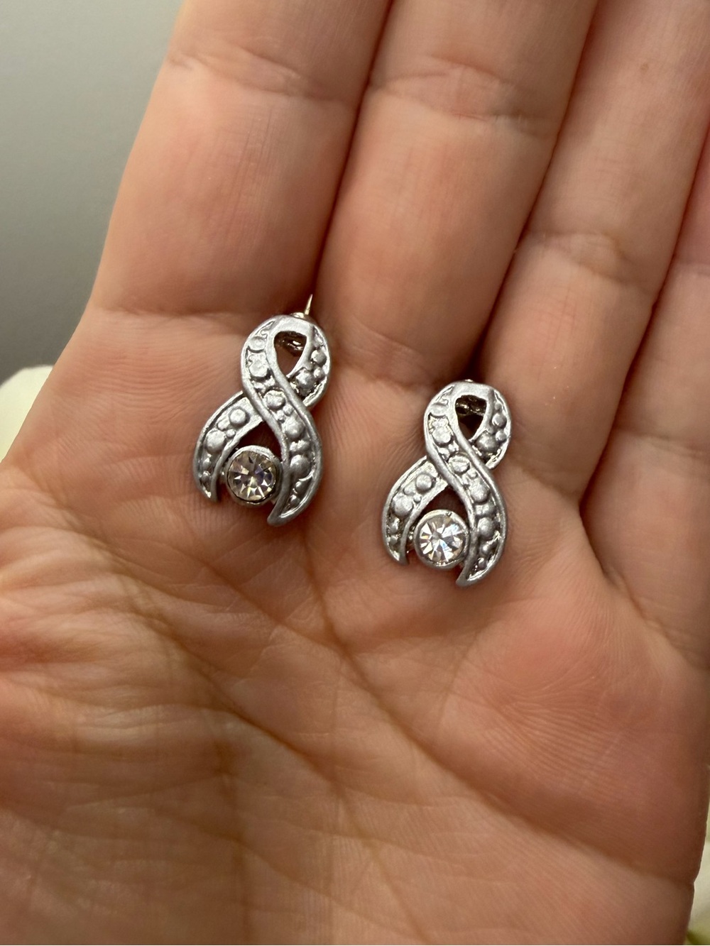 Silver tone Ribbon Crystal Drop Earrings - Silver